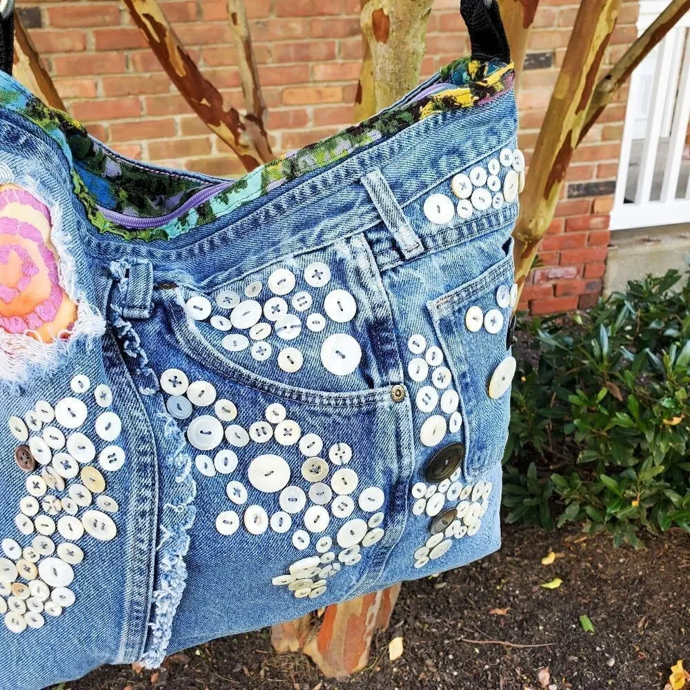 Handmade Recycled Denim Button Detail Gypsy Boho Crossbody Bag.